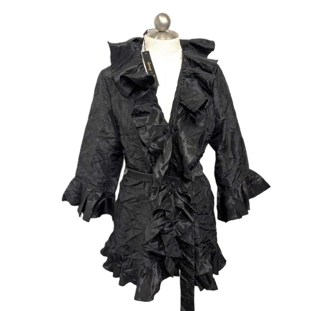 Jerry T Black Crinkle Long Jacket Coat Size Large - NWT